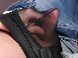 Homemade male masturbation jism in leather transparent  screened boxers